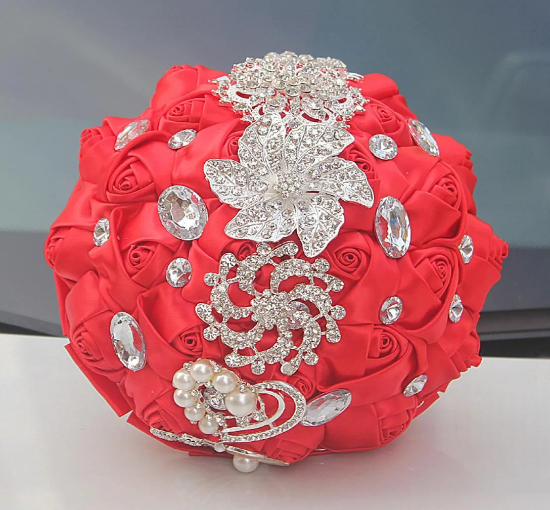 Red Wedding Bouquets Rose Artificial Sweet 15 Quinceanera Bouquet Crystal Silk Ribbon New Buque De Noiva 37 Colors W228B 5617249