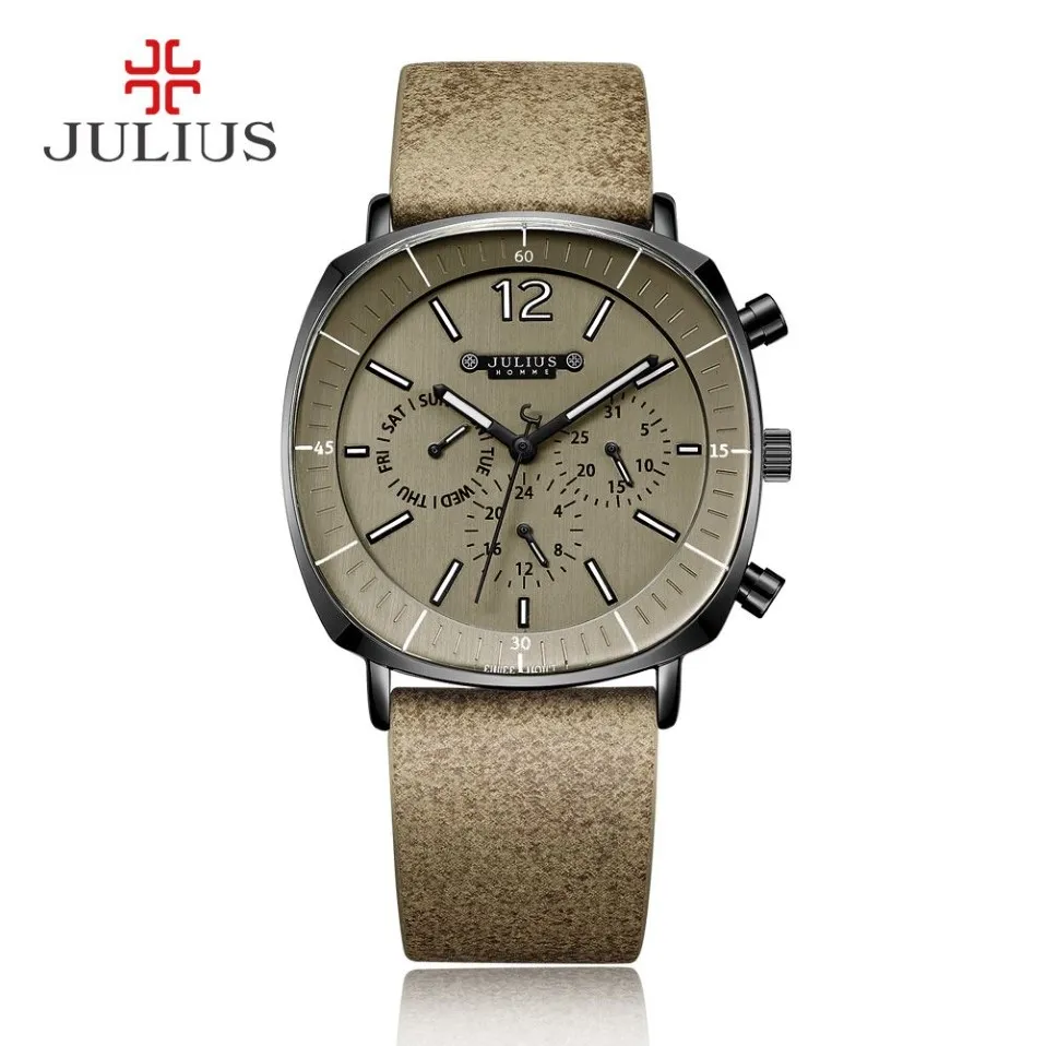 JULIUS Orologio da uomo d'affari con cronografo reale 3 quadranti Cinturino in pelle con quadrante quadrato Orologio da polso al quarzo Orologio regalo JAH-098304c