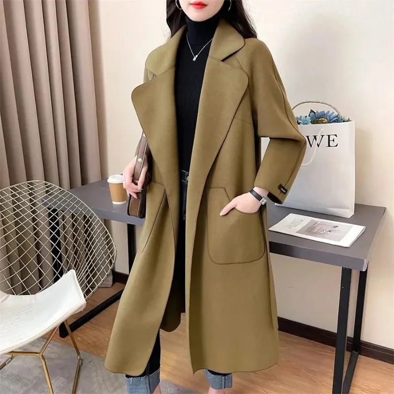 Élégant surdimensionné 3xl bureau luxe laine mélange manteau femmes mode coréenne ceinture ample mi-longue vestes couleur unie Simple vêtements d'extérieur 240304