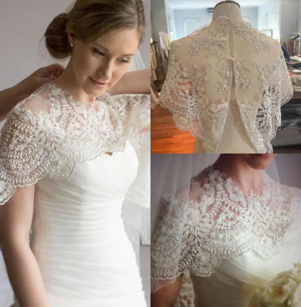 Élégant automne enveloppes de mariée Scoop sans manches Cape de mariage dentelle appliques perles Tulle grande taille boléro vestes 2385228