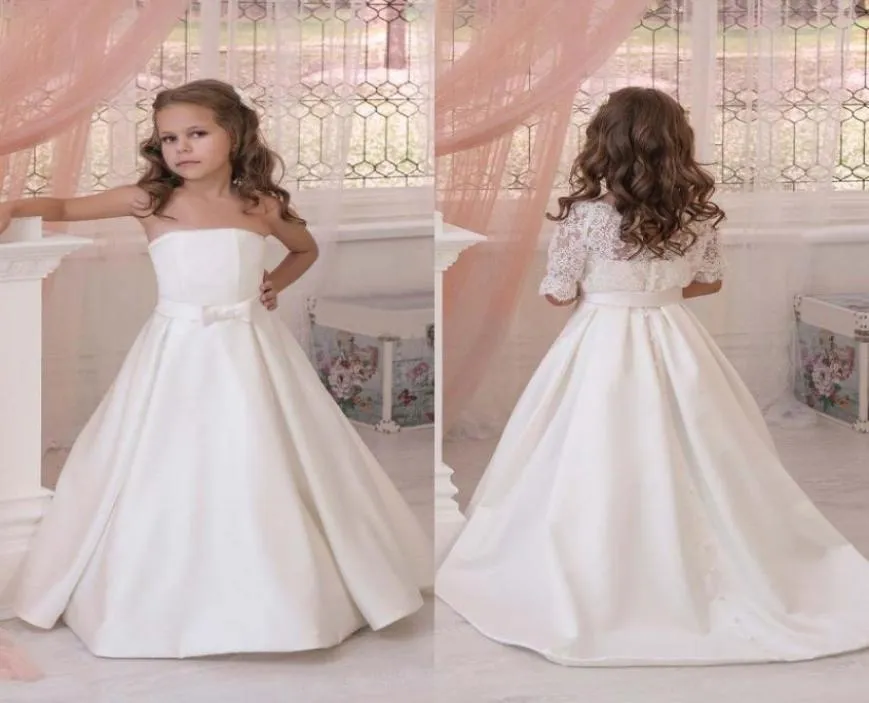 Mais recente 2019 vestidos formais de flor para casamento com meia manga jaqueta de renda sem alças linha marfim vestidos infantis wit6849821