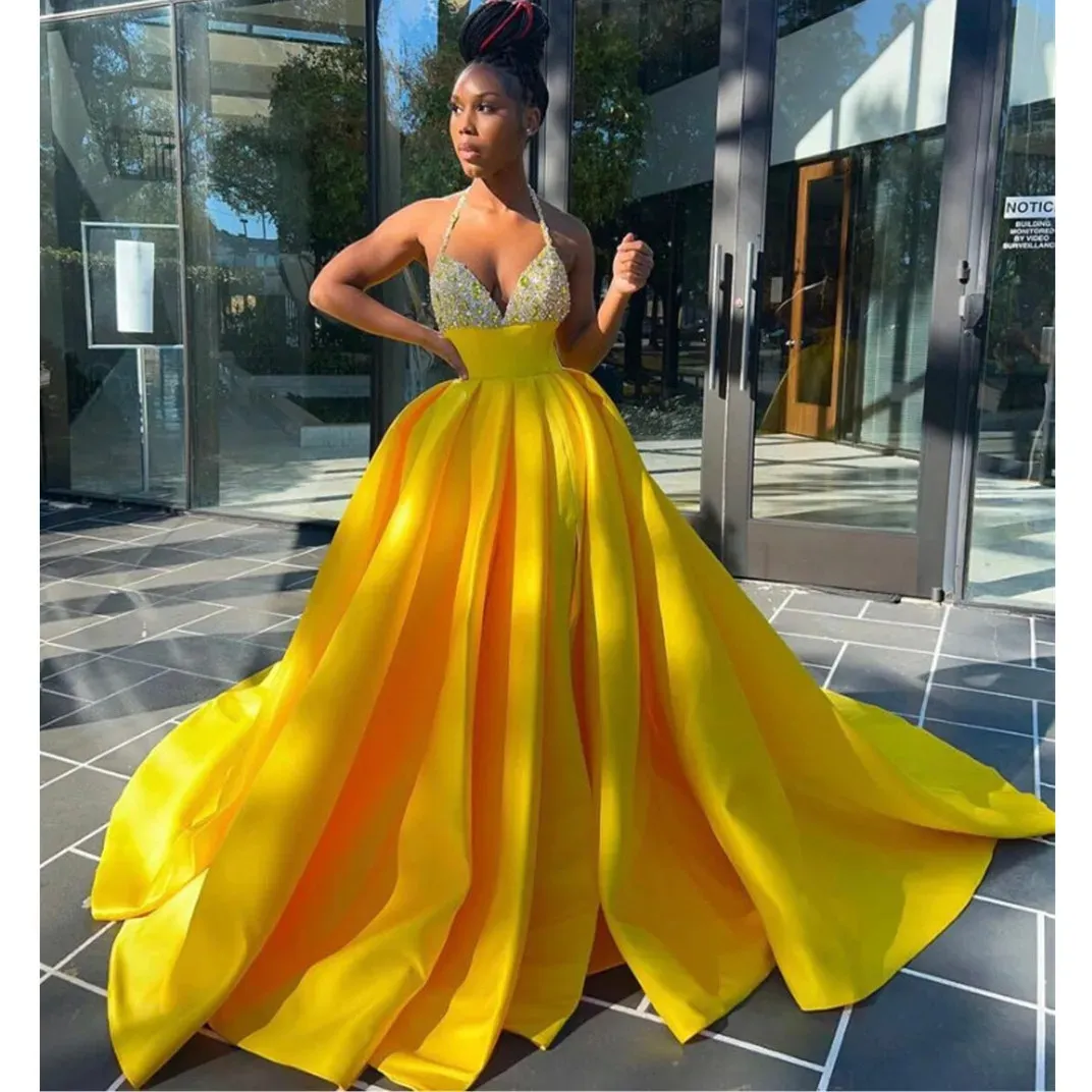 حبات Glitter Yellow Sequed Secondal Long Prom Dress Dubai Robe De Soiree Party Party Barty