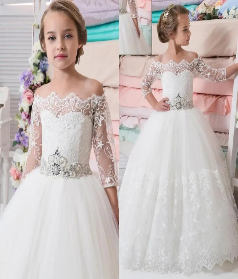 Modest Bateau Neck 2019 Princess Flower Girls Dresses لحضور حفلات الزفاف المزينة بالخرز السحاب الخلفي Lace Tulle First Communion Dress8091094