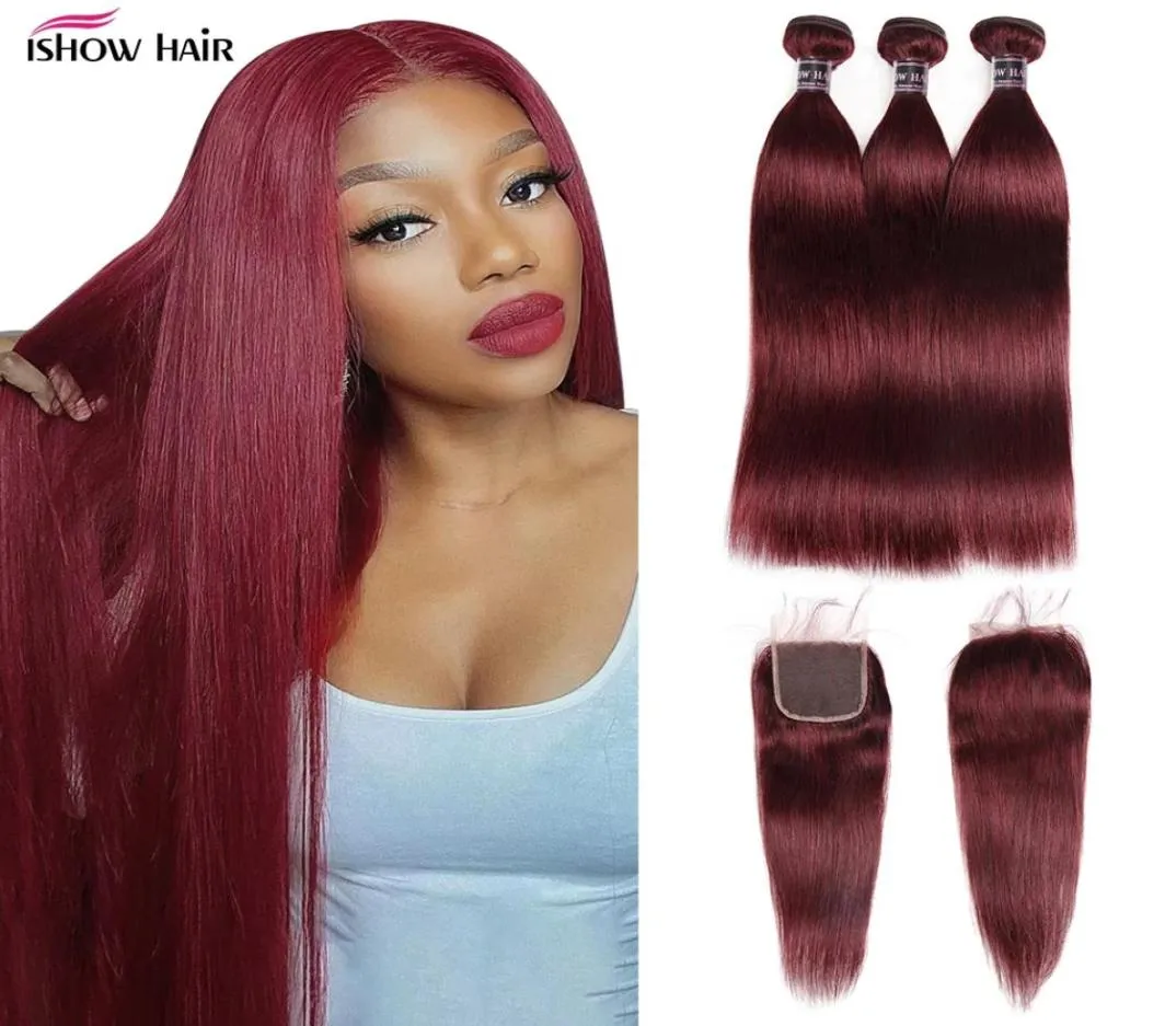 Ishow Ombre Color Hair Weaves Weft Extensions 3 Bundles with Closure T1B27 T1B99J Body Wave Human Hair Straight Brown Ginger2851040