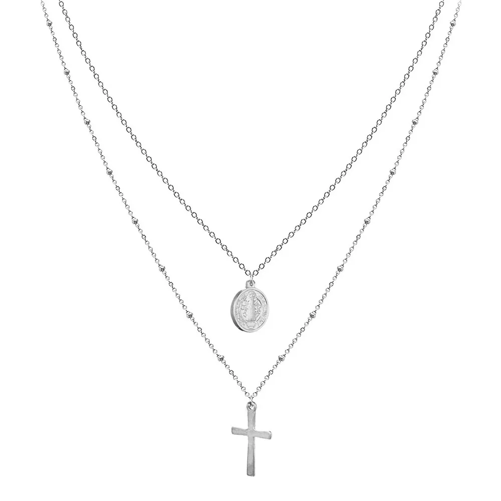 Religious Jewelry Gold Plated Multi Layered Necklace Dainty Stainless Steel Jesus Cross Pendant Necklace