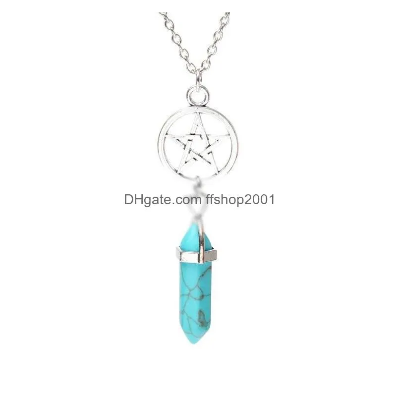 Pendentif Colliers Pentacle Pierre Naturelle Collier Bijoux Hexagone Prisme Étoile Point Guérison Cristal Améthyste Rose Quartz Chakra Goutte Dh7Cz