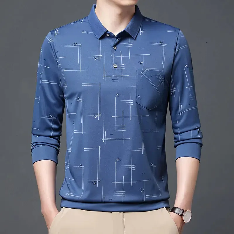 Men Streetwear Fashion Polo Shirts Korean Spring Autumn Business Office Långärmad lapel Löst manliga kläder Fickor Casual Tops 240227