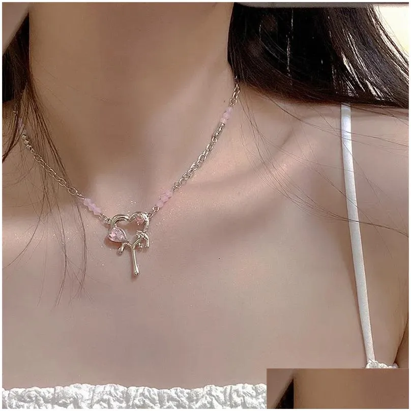 Chokers Choker 2023 Kpop Goth Y2K Pink Heart Pendant Clavicle Chain Necklace For Women Egirl Grunge Collares Aesthetic Emo Jewelry Acc Dhw3C