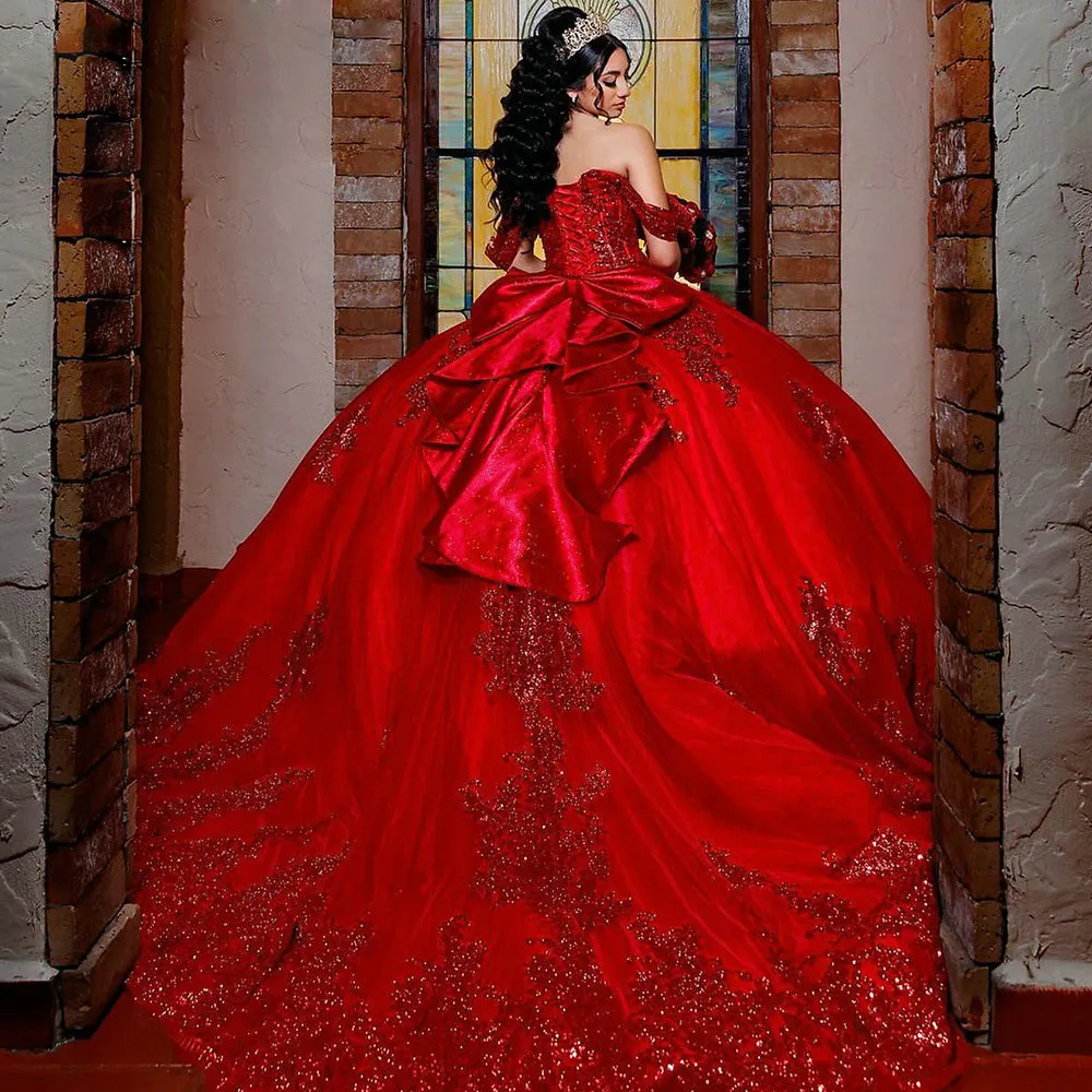 red dresses for 15th birthday party Red Quinceanera Dresses Beading Sweet 15 16 Party Birthday Prom Ball Gown