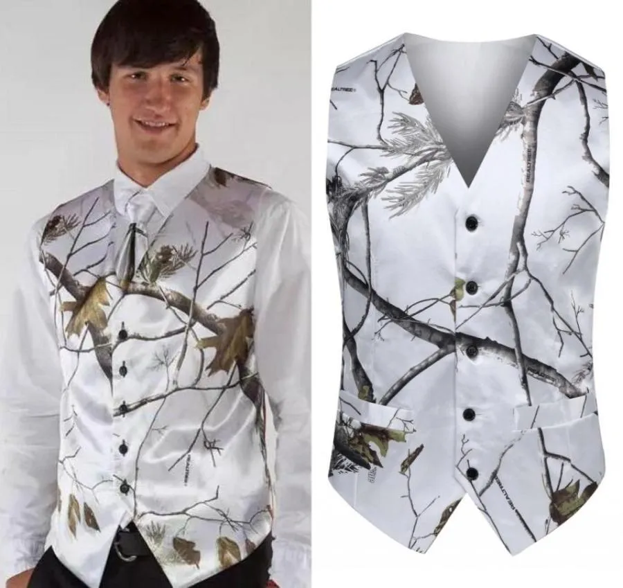 2022 Fashion White Camo Groom Vests Ties for Wedding Outerwear Vest Realtree Spring Camouflage Slim Fit Men039s VestsVestTi4226049