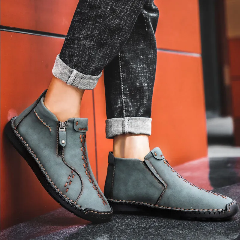 AAA+ Quality Men Men's Anal Boots Disual Laffors Oxfords أحذية ألوان صلبة نمط خياطة خمر جلدي خياطة اليدين اليومية أحذية المكتب الحجم 38-48