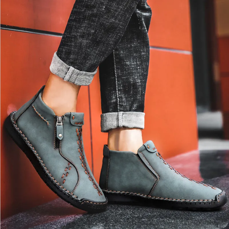 AAA+ Quality Men 's Ankle Boots 캐주얼 로퍼 옥스포드 신발 단수 재봉 스타일 빈티지 가죽 핸드 스티칭 일일 작업 사무실 신발 크기 38-48