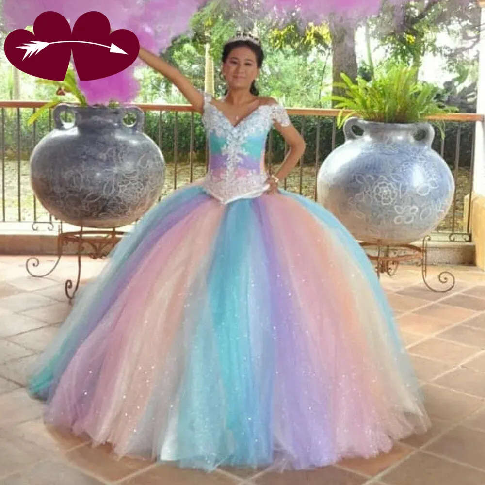 rainbow off shoulder dress Lilac Off-Shoulder Embroidered Sequin Ruffle Ball Gown XS / Lilac