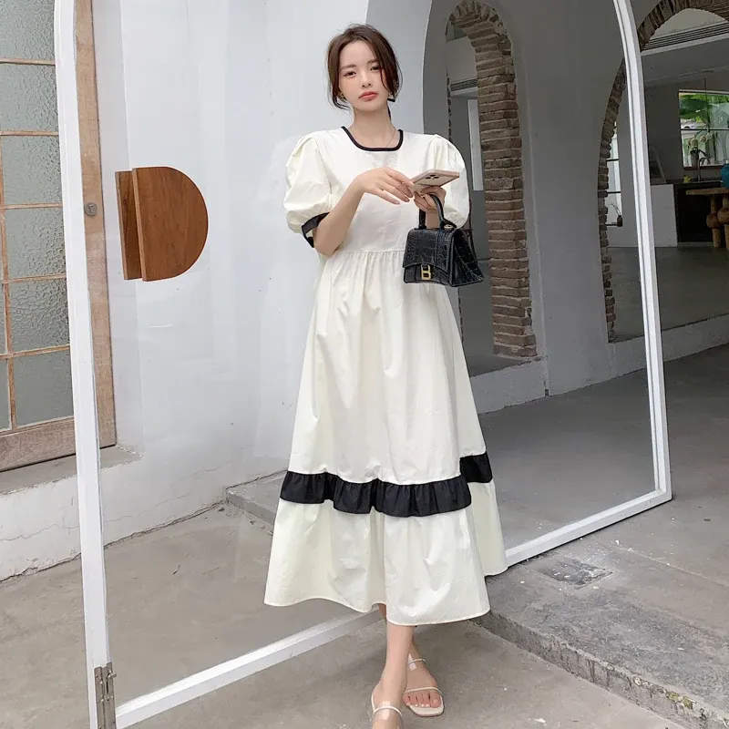 Robes Style coréen maternité robe Vintage à manches courtes col carré bloc couleur Patchwork femme enceinte coton robe en lin lâche