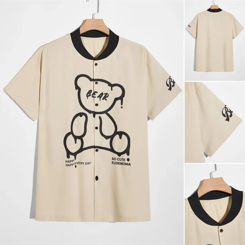 Mäns casual skjortor baseball uniform björn tryck kort ärm kragefri hiphop -stil skjorta