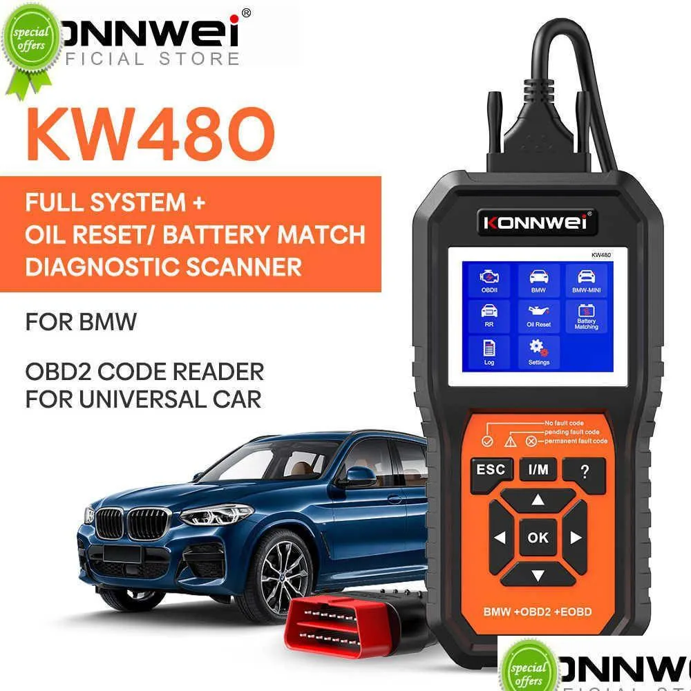 Teşhis Araçları Yeni Konnwei KW480 OBD2 Tarayıcı Otomobiller için OBD 2 Abs Hava Yastığı SRS Yağ Dinlenme FL Sistemleri Diagnostic Aracı Pil Eşleştirme E38 E4 DHKKY