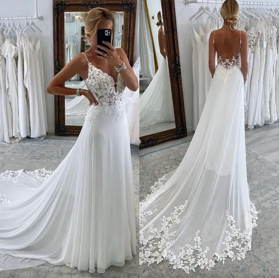 Dentelle Boho Une Ligne Robes De Mariée Bretelles Dos Nu Bouton Appliques Balayage Train Designer Robes De Mariée De Mariage ppliques