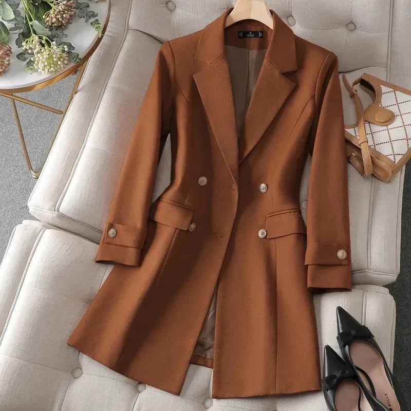 Herbst Winter Jacke Frauen Lange Blazer Khaki Kaffee Schwarz Büro Damen Formale Jacke Business Arbeit Tragen Mantel Weibliche Oberbekleidung 240306