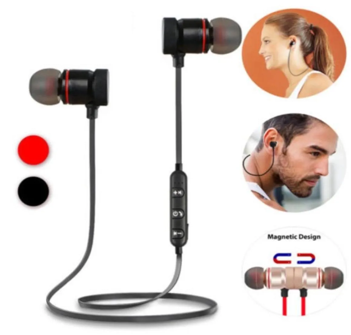 Trådlösa hörlurar Metallmagnetiska stereo Bas hörlurar trådlösa Sport -headset Earskydd med mikrofon med detaljhandelspaket2947596