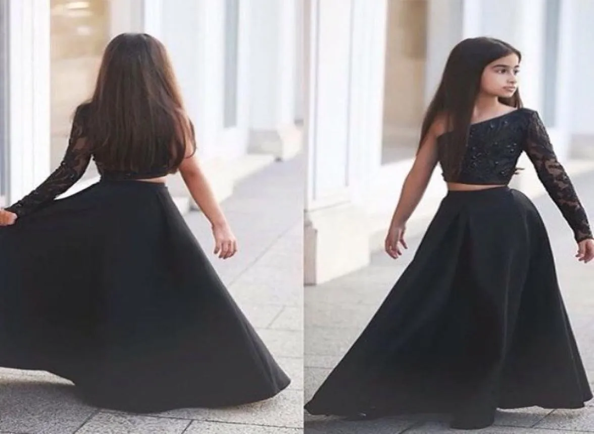 2020 nouvelles filles modestes Pageant robes deux pièces une épaule perles noir sexy robe de fille de fleur pour enfant adolescents fête pas cher Custo8793729