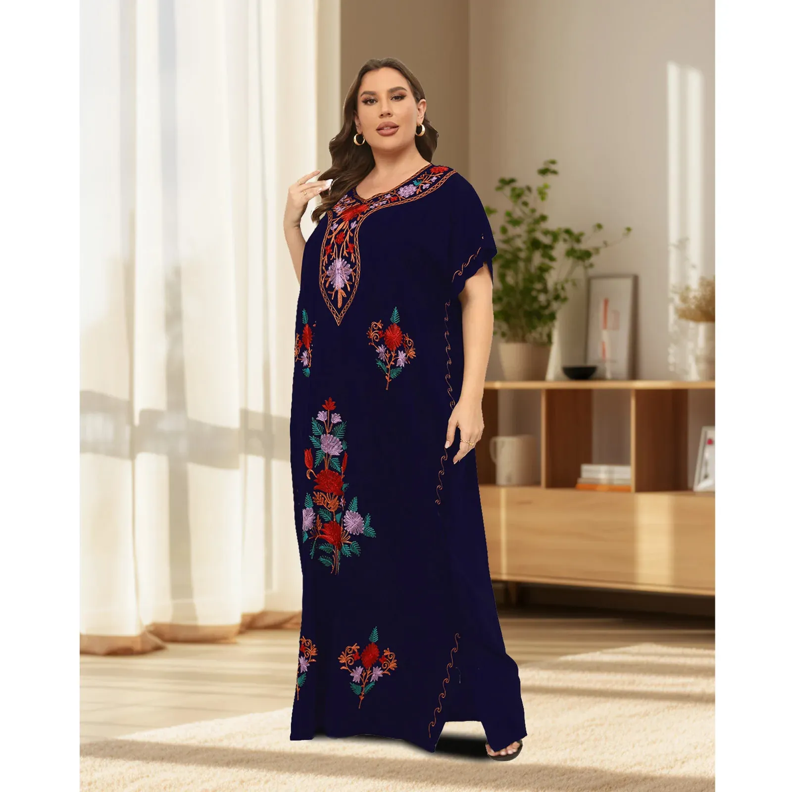 Africano plus size caftan 100% algodão abaya oneck jilbab manga curta estilo solto dashiki kaftan tradicional senhora vestidos 240226