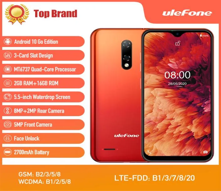 Ulefone Note 8P 2GB 16GB Smartphone Android 10 4G téléphone portable écran goutte d'eau Quad Core 55 pouces 8MP caméra 7800239