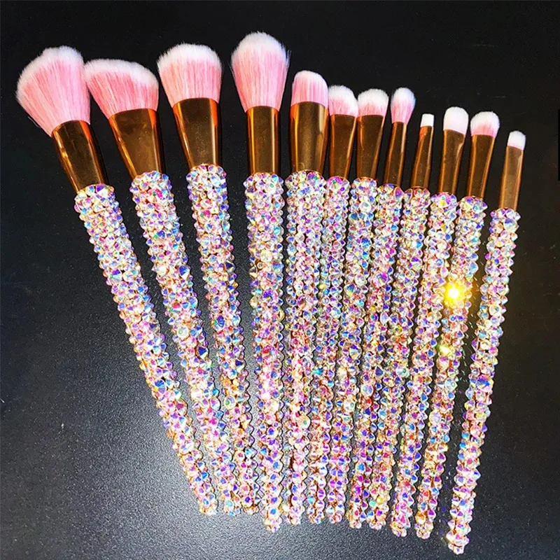 12Pcs/set Diamond-studded Makeup Brushes Gems Makeup Beauty Tools Full Diamond Loose Powder Foundation Concealer Brush Bling 240229