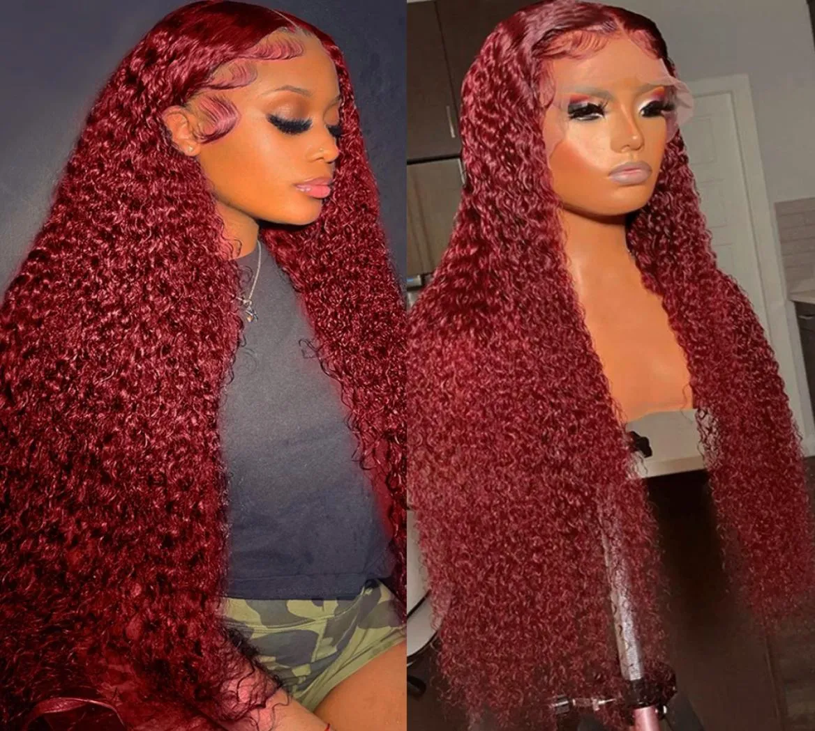 Perruque Lace Frontal Wig synthétique bouclée bordeaux, cheveux naturels, Deep Wave, densité 180, 13x4, couleur rouge, HD, Wigs4692869