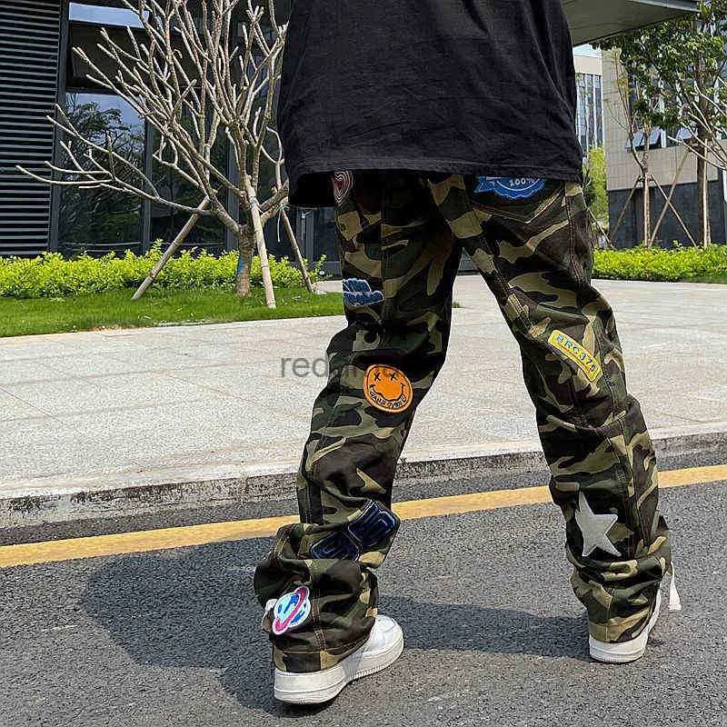 Heren camouflage jeans geborduurd patch modemerk American Straight Cargo 240308