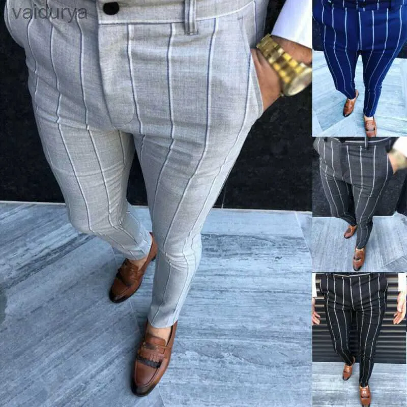 Men's England Style Retro Formal Plaid Stripe Trouser Fit Formal Striper Slacks Trousers 240308