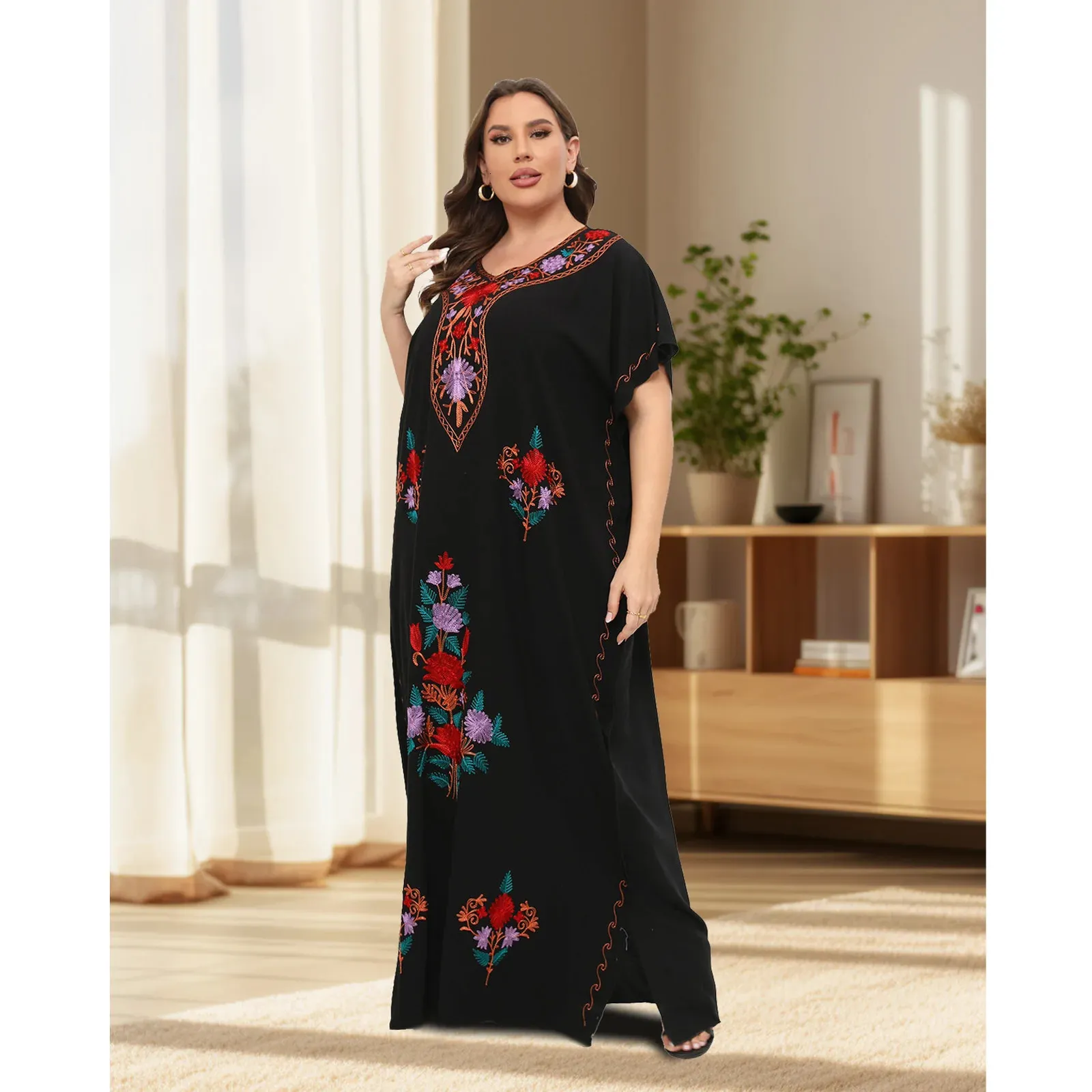 African Plus Size Caftan 100 Cotton Abaya Oneck Jilbab Short Sleeve Loose Style Dashiki Kaftan Traditional Lady Dresses 240226