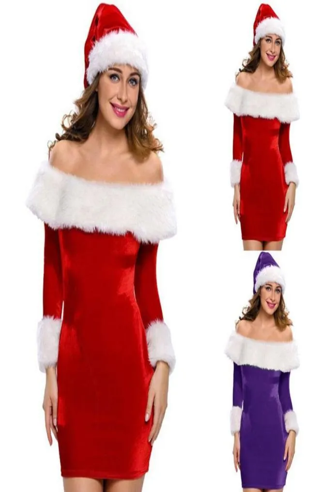 Traje de natal vermelho santa querida adulto feminino veludo fora do ombro manga longa bodycon mini vestido com acabamento peludo branco sem 1564732