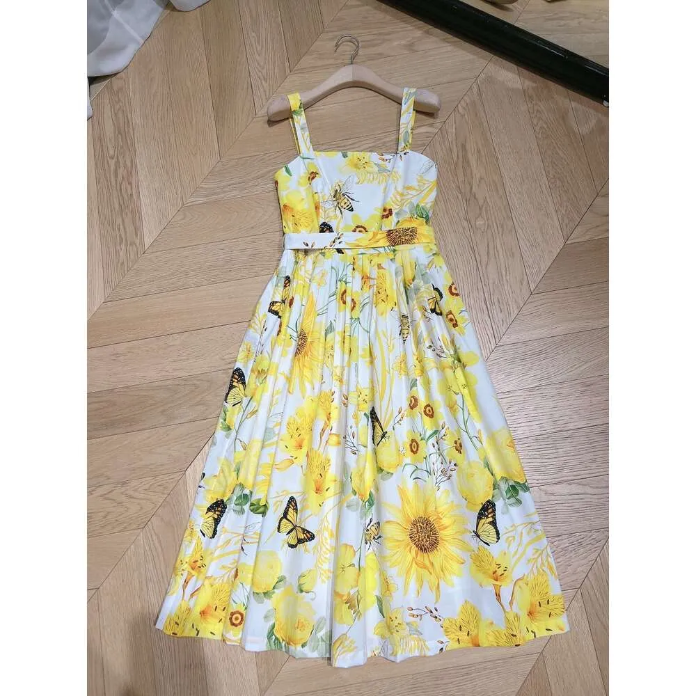 Leuchtend gelbe florale Druck Baumwolle Langes Kleid NEU SOMMER VERFAHREN Square Dekorative Ausschnitt ärmellose Midi Kleider für Party tragen Abendessen Kleider Frauenfz2403081