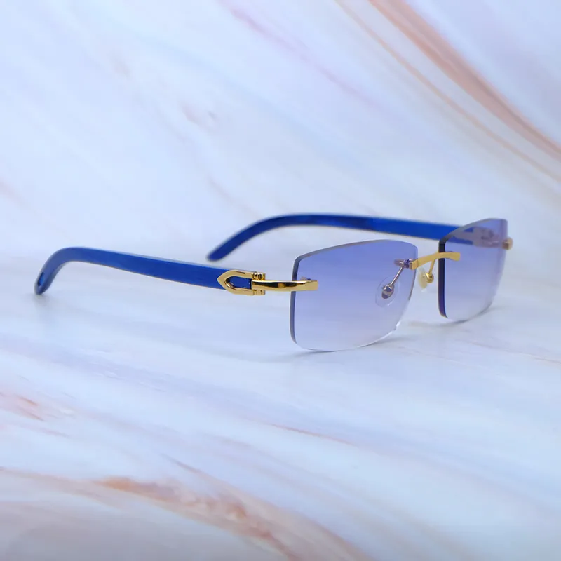 Women Rimless Sunglasses Wood Grain Frame Rhinestone Accents Blue Lens Luxury Rimless Sunglasses Wood Grain Frame Rhinestone Accents Blue  main image 3