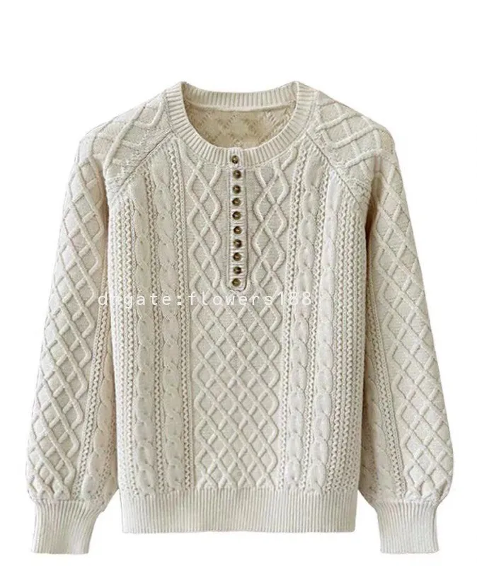 Kvinnors tröjor tidigt på våren 2024 Ny Corded tröja Retro Twist Pullover Cotton Loose Knit Top Women