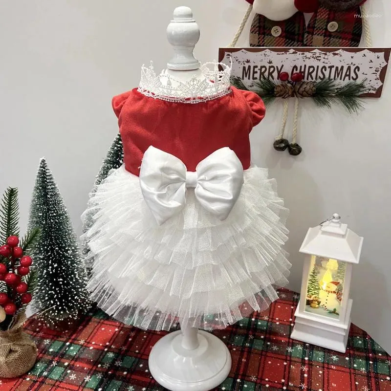 Dog Apparel Winter Pet Clothes Red Cotton Plush Bow Princess Dress For Small Medium Yorkshrie Poodle Puppy's Clothing Outerwear