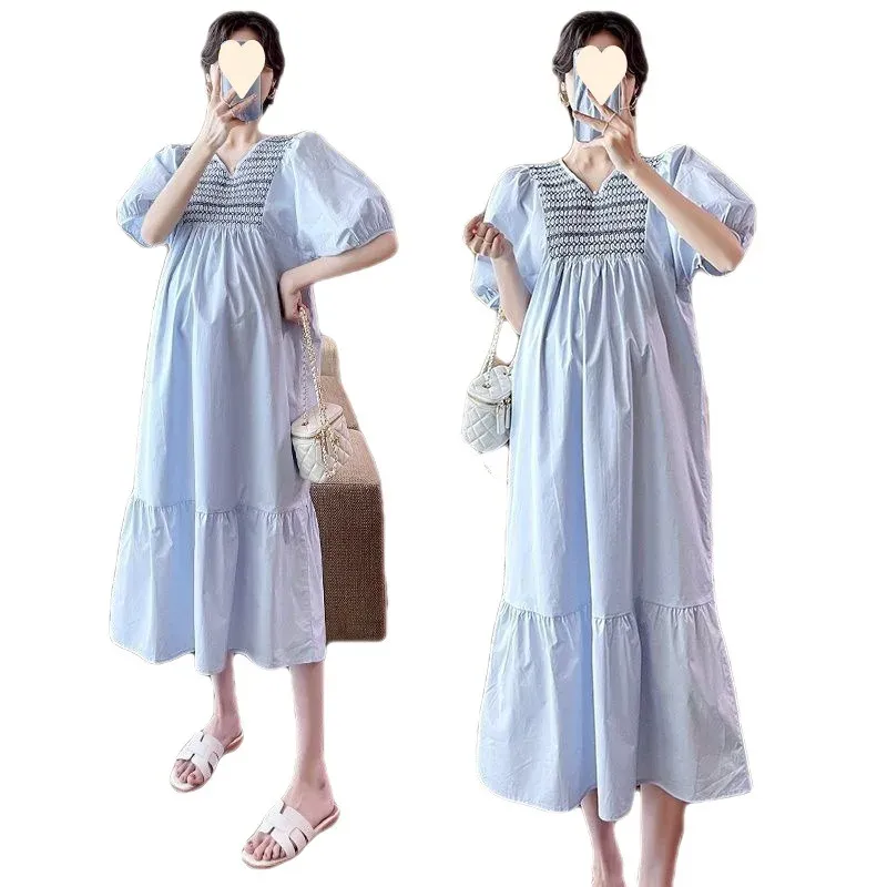 ドレス妊婦の夏のドレスファッションピュアコットンフレッシュvneckルーズラージサイズマタニティ服パフスリーブレディドレスブルー