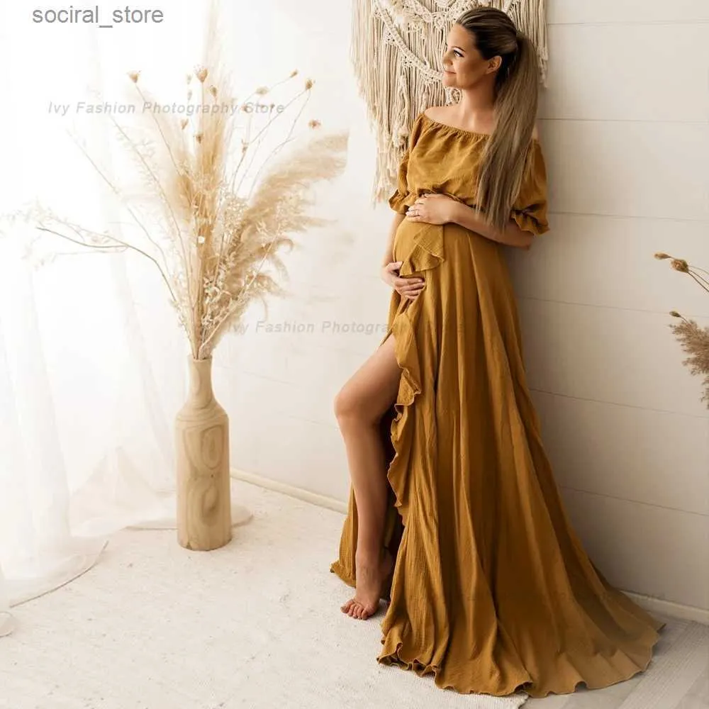 Maternity Dresses Bohemian Pregnancy Dress Side Split Ruffle Edge Vintage Comfortable Linen Dress Comfortable Linen Boho Style Baby Shower Dress L240308