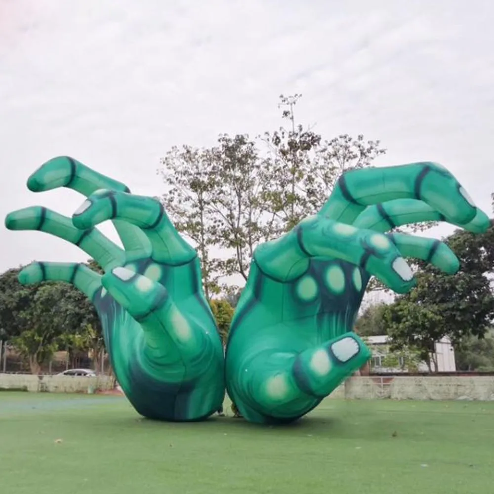 wholesale 5 mH (16.5 pies) con soplador Decoraciones de patio de halloween inflables verdes gigantes personalizadas mano de esqueleto de terror para exteriores
