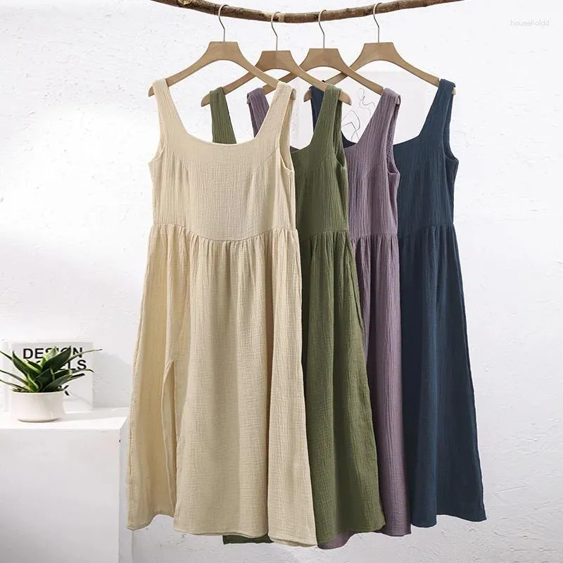 Casual Dresses Cotton Gaze Summer For Women 2024 Solid ärmlös sida spillt lång klänning strand sundress vestidos largos