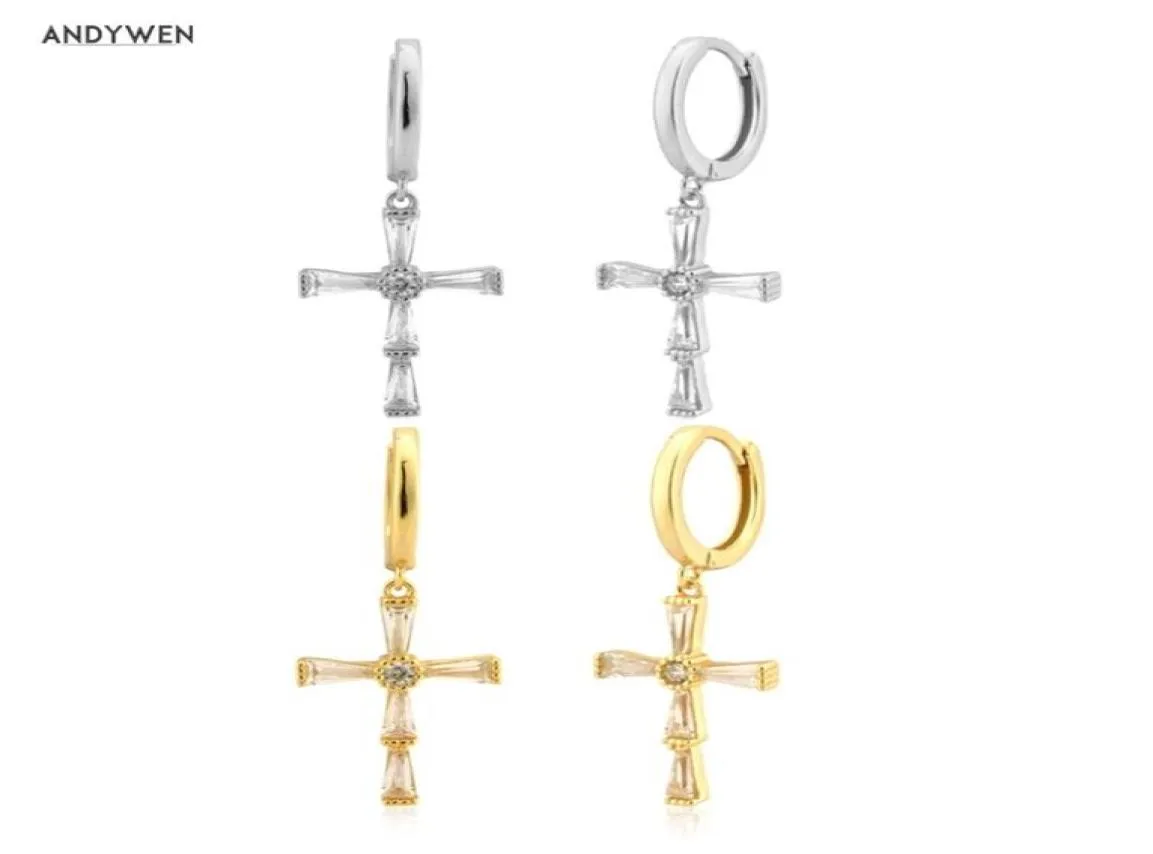 Andywen 925 Sterling Silver Gold Clear Zircon Cross Drop Earring France Luxury Crystal Trapezoidal Ashlar Clips Pendiente 2106248102726