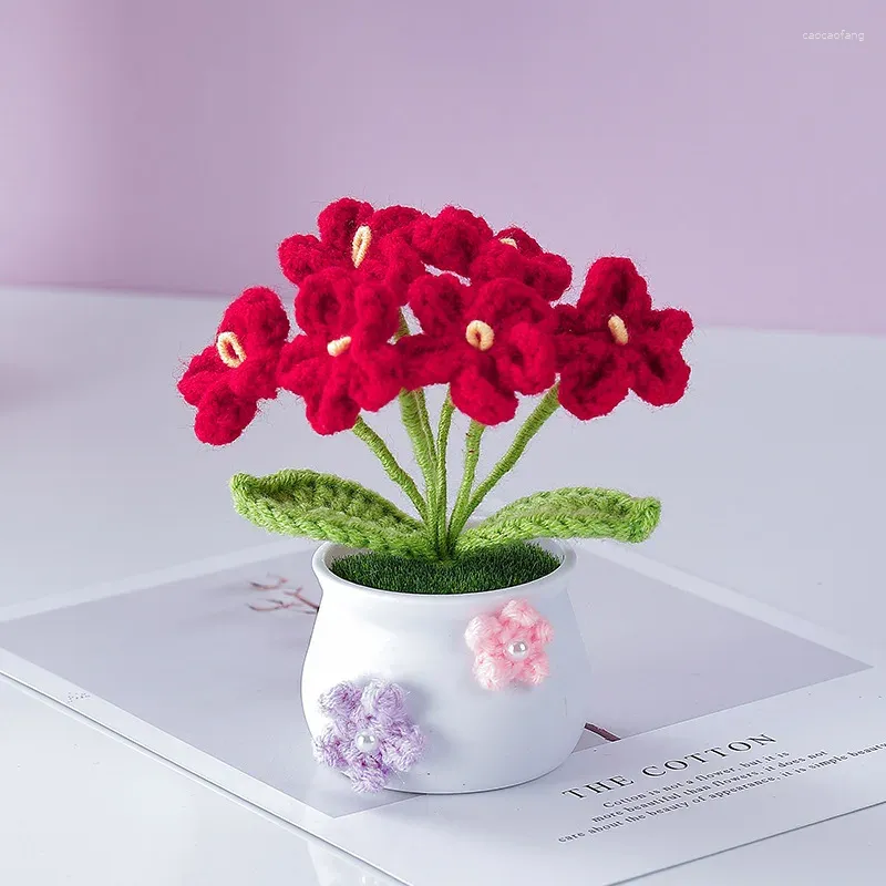 Flores decorativas diy tecido à mão mini flor em vaso rosa escritório plantas ornamentais fio de lã produto acabado decoração para casa