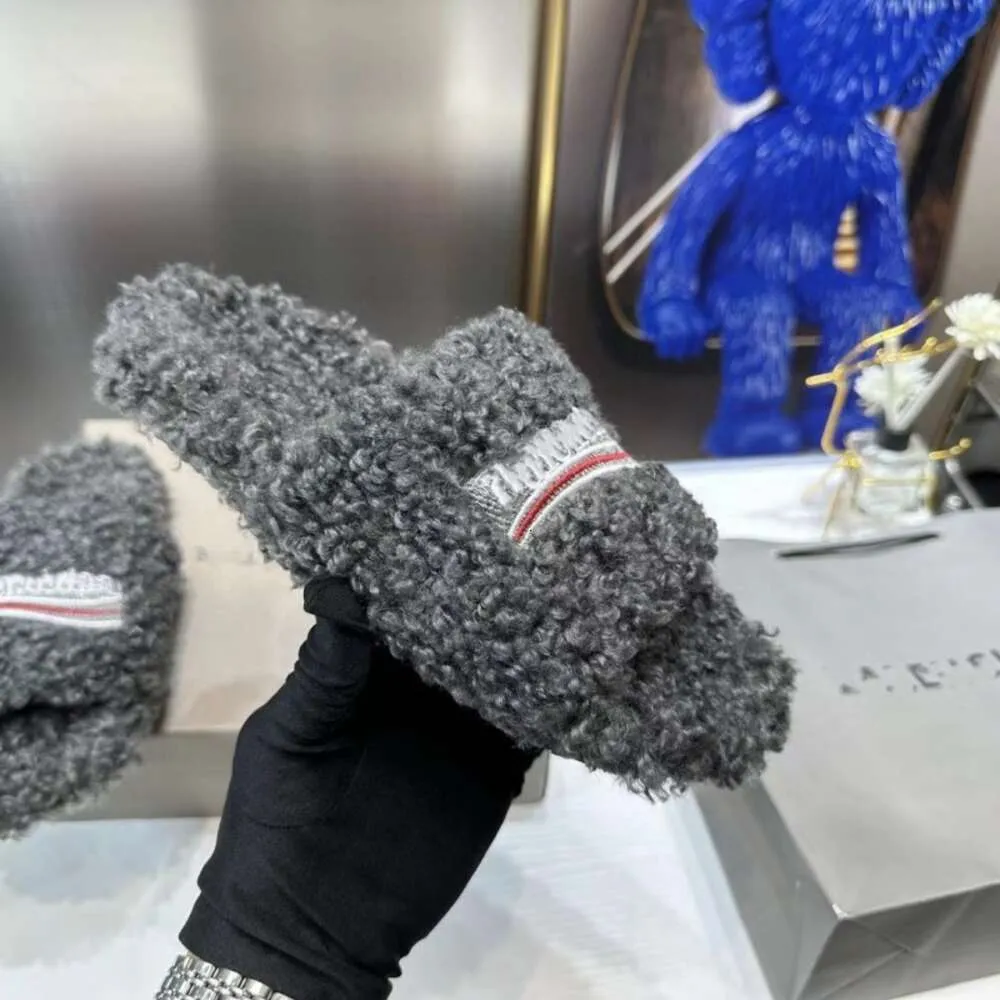 Balencaga Paris шерстяные тапочки женские осенне-зимние с овечьей кудрявой вышивкой одна линия роскошные дизайнерские шлепанцы C4TC
