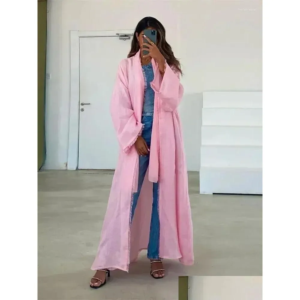 Etniska kläder Ramadan Pink Open Kimono Abaya Bönkläder Kvinnor Kaftan Arabiska Turkiet Islam Muslimsk klänning Kebaya Robe Djellaba Drop Dhjhn