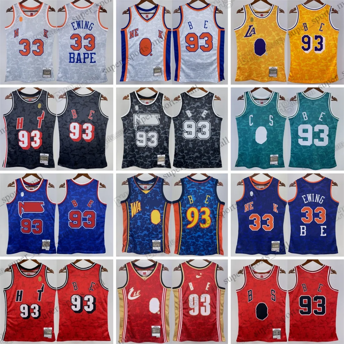 Printed Classic Vintage 1993 Basketball #93 B A P E Jersey Retro White 1991-92 #33 Patrick Ewing Yellow Purple Red Green Black Jerseys Shirts