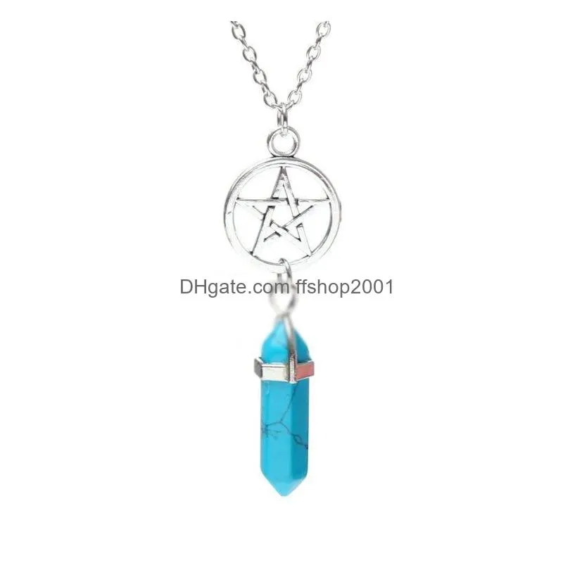 Pendentif Colliers Pentacle Pierre Naturelle Collier Bijoux Hexagone Prisme Étoile Point Guérison Cristal Améthyste Rose Quartz Chakra Goutte Dh7Cz