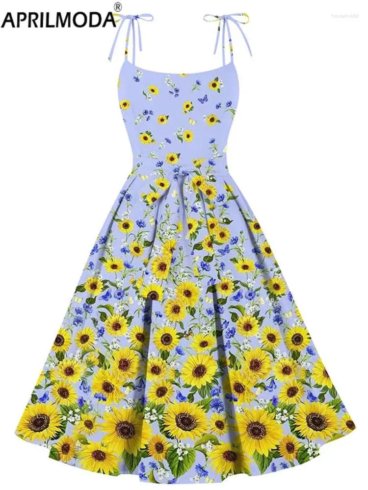 Abiti casual 2024 Stampa girasole Party Vintage anni '50 anni '60 Abito a pieghe Sling senza maniche al ginocchio senza spalline Breve ballo di fine anno per le donne