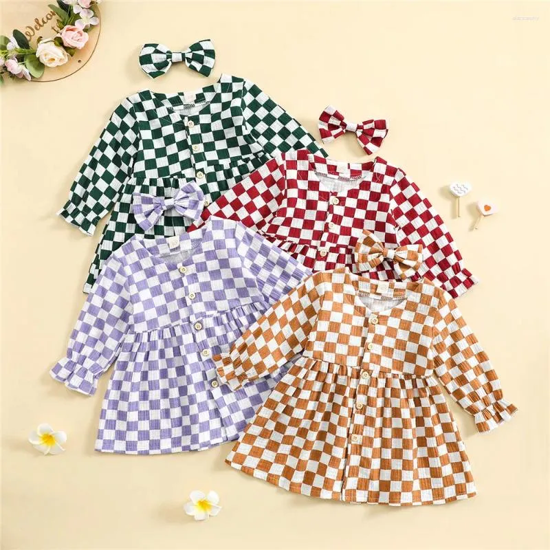 Robes de fille Mode enfants robe vêtements pour enfants filles damier imprimé bouton à manches longues coton lin a-ligne épingle à cheveux Costume