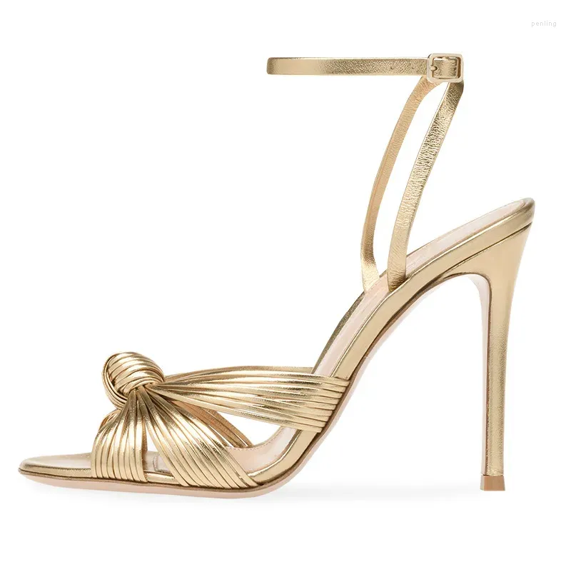 Sandaler Bow Knot Gold Ankle Buckle Peep Toe Stilettos Women High Heel Green Pink Red Summer Shoes For