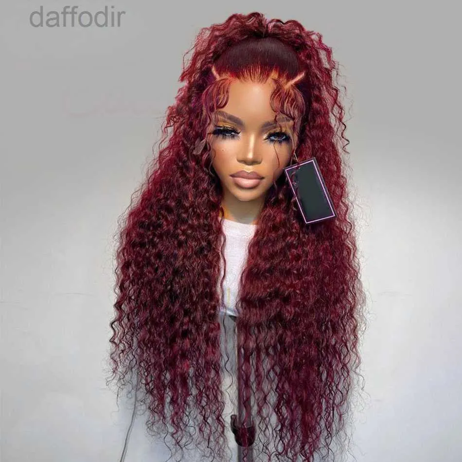 Syntetiska peruker Brasilianska 99J Bourgogne spetsar Front Wig 40 tum djupvåg frontal peruk 13x4 Garnet Red Curly Spets Front Simualtion Human Hair Wigs Förplucked 240308